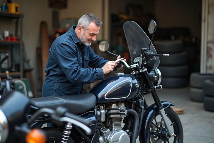 mecanicien-moteur-moto-125cc Mécanicien homme inspectant un moteur de moto 125cc en atelier urbain