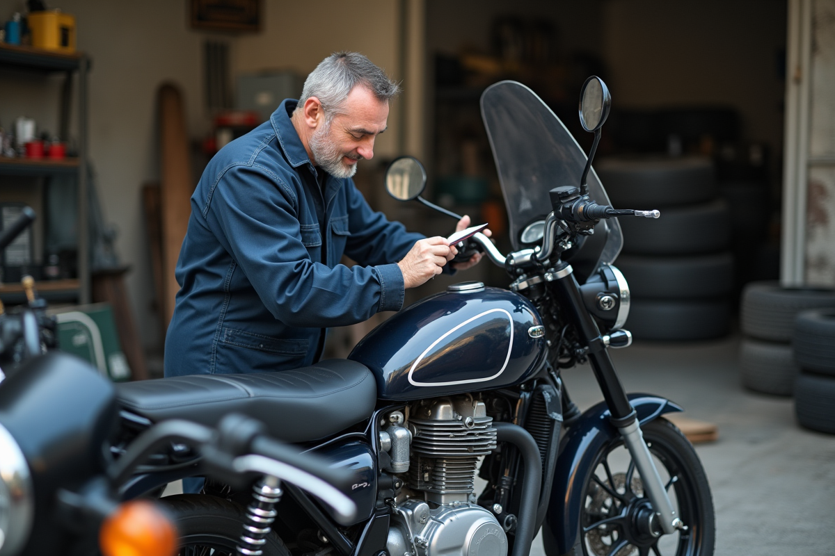 Mécanicien homme inspectant un moteur de moto 125cc en atelier urbain