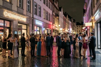 Scène nocturne animée dans les rues de Strasbourg avec des groupes de jeunes devant des entrées de clubs illuminés