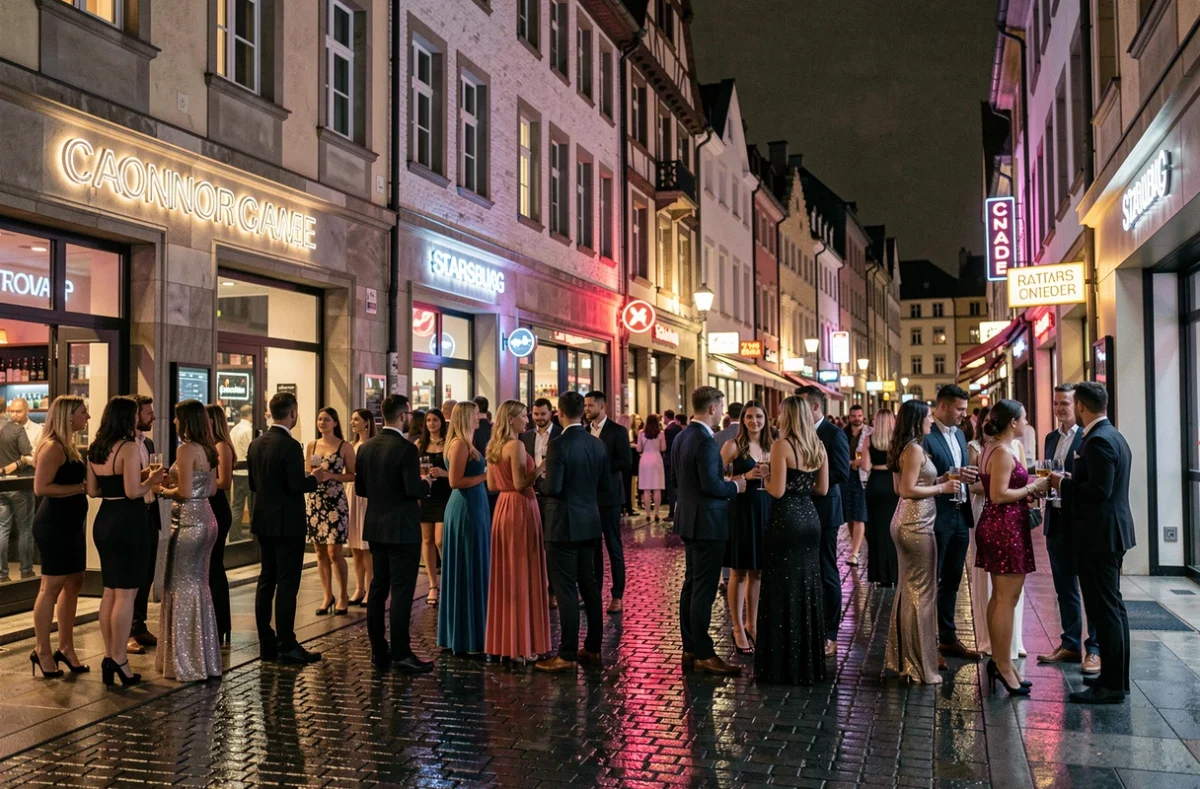 Scène nocturne animée dans les rues de Strasbourg avec des groupes de jeunes devant des entrées de clubs illuminés