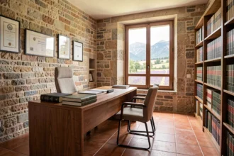 Cabinet d'avocats dans les Alpes-de-Haute-Provence avec livres juridiques et paysage provençal en arrière-plan