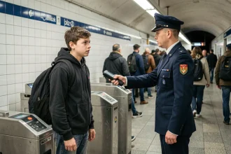 Adolescent contrôlé par un agent RATP dans une station de métro parisienne avec son sac scolaire