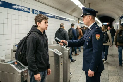 Adolescent contrôlé par un agent RATP dans une station de métro parisienne avec son sac scolaire