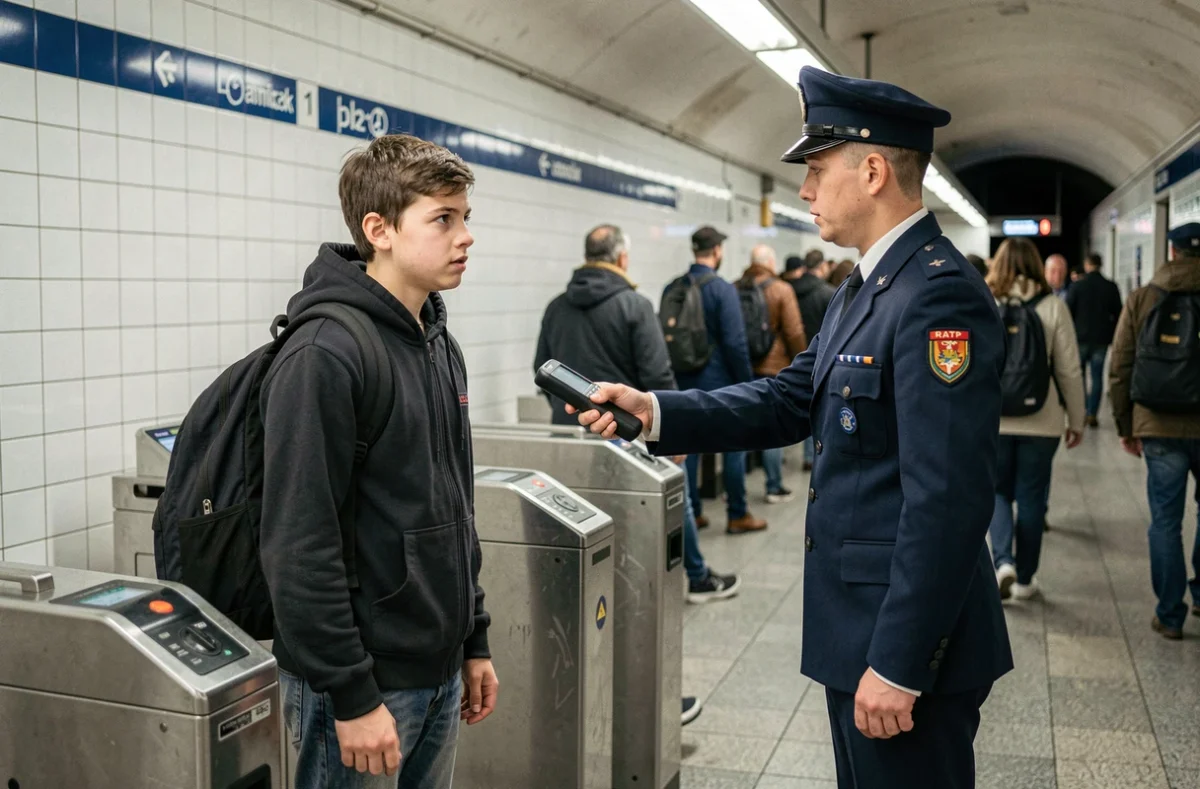 Adolescent contrôlé par un agent RATP dans une station de métro parisienne avec son sac scolaire