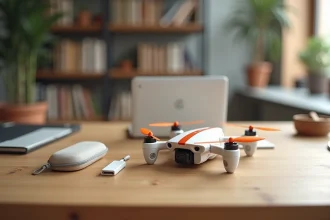Minidrone Parrot posé sur un bureau en bois avec accessoires : câble USB, hélices de rechange et housse de transport