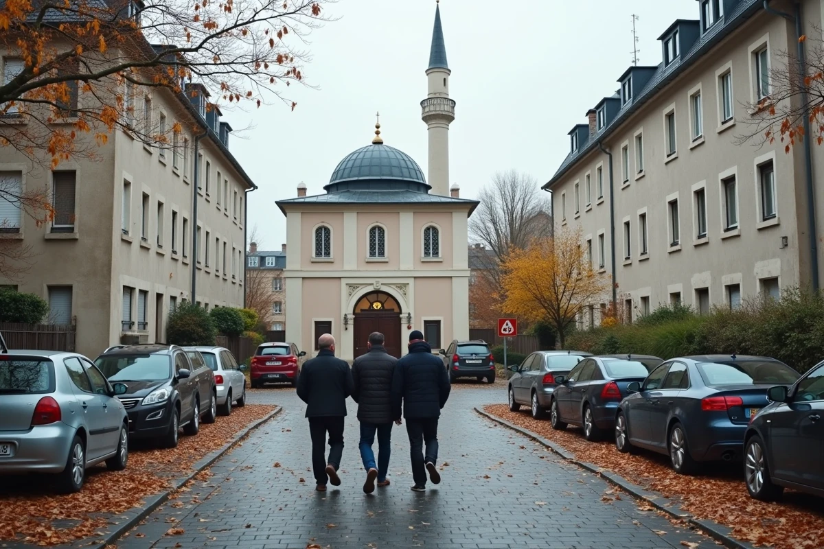 Vue extérieure d'une mosquée de quartier à Vénissieux avec panneau des horaires de prière et fidèles