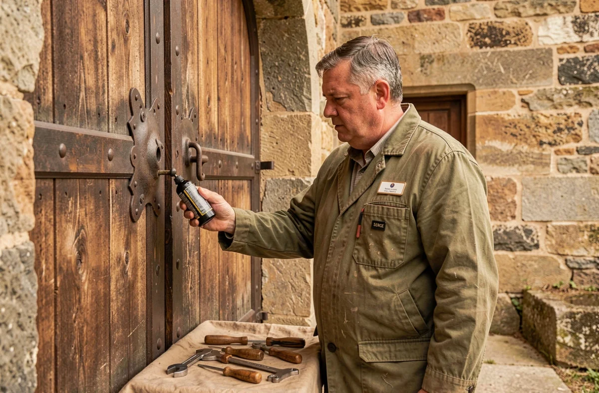 Mourgues Serge, serrurier expérimenté, entretenant une serrure en fer forgé d'une ancienne église en pierre du Cantal