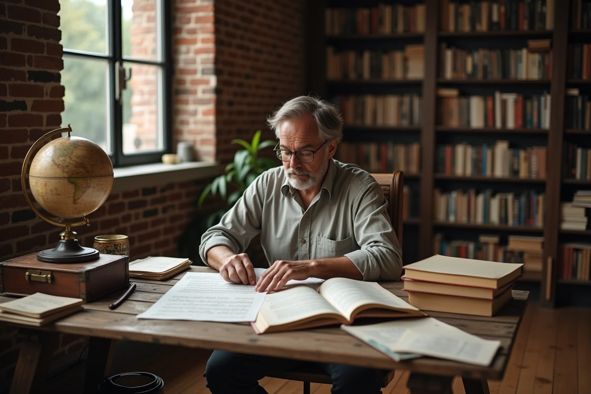 Musicologue étudiant des partitions d'hymnes du monde sur un bureau encombré de livres et de notes manuscrites