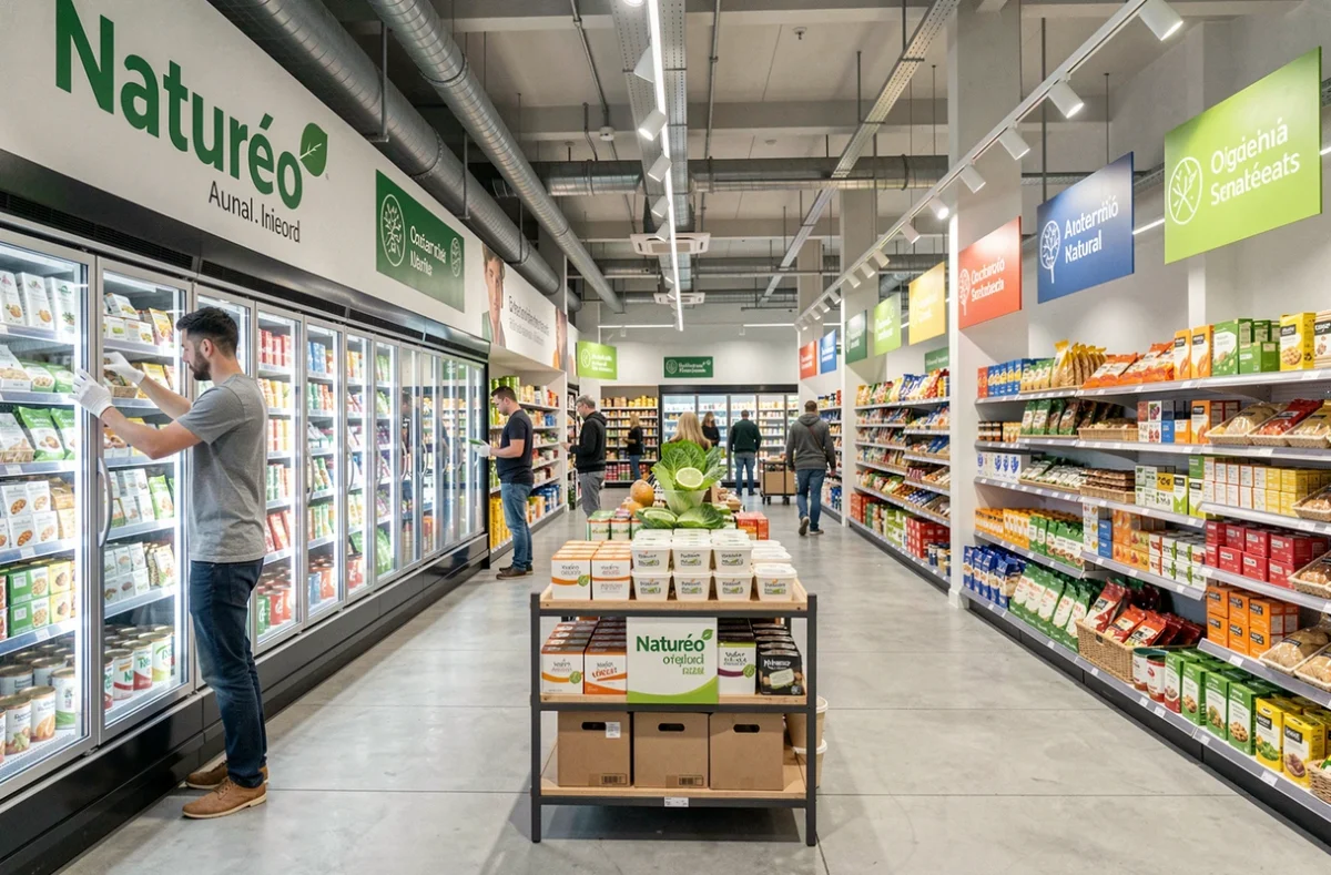 Employé réapprovisionnant les produits laitiers dans le supermarché bio Naturéo