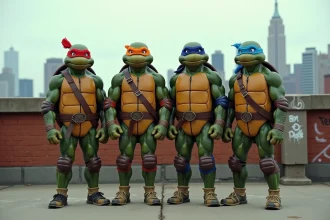 Costumes de tortues ninja de différentes époques sur un toit urbain