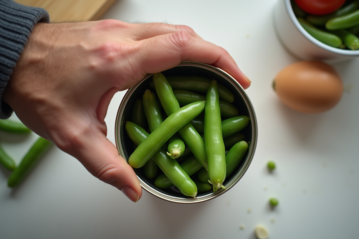 Main ouvrant une conserve de haricots verts dans une cuisine lumineuse