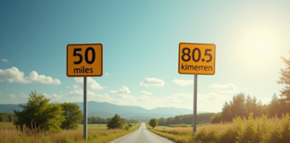 Panneau routier à un carrefour rural ensoleille avec distances