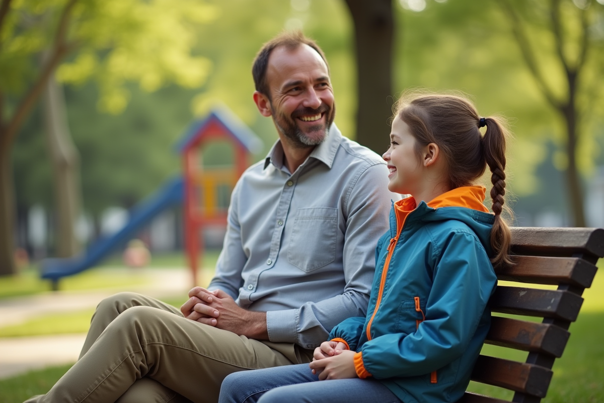 Pere et sa fille de 9 ans discutant dans un parc urbain