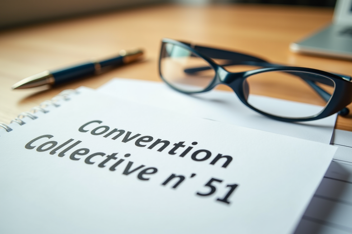 Papier organisé avec la convention collective n° 51 sur un bureau lumineux
