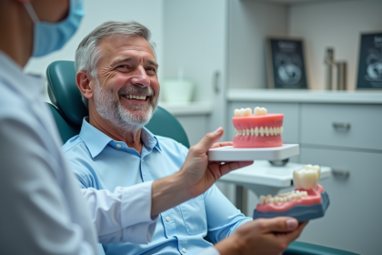 Patient souriant avec modèle dentaire et dentiste