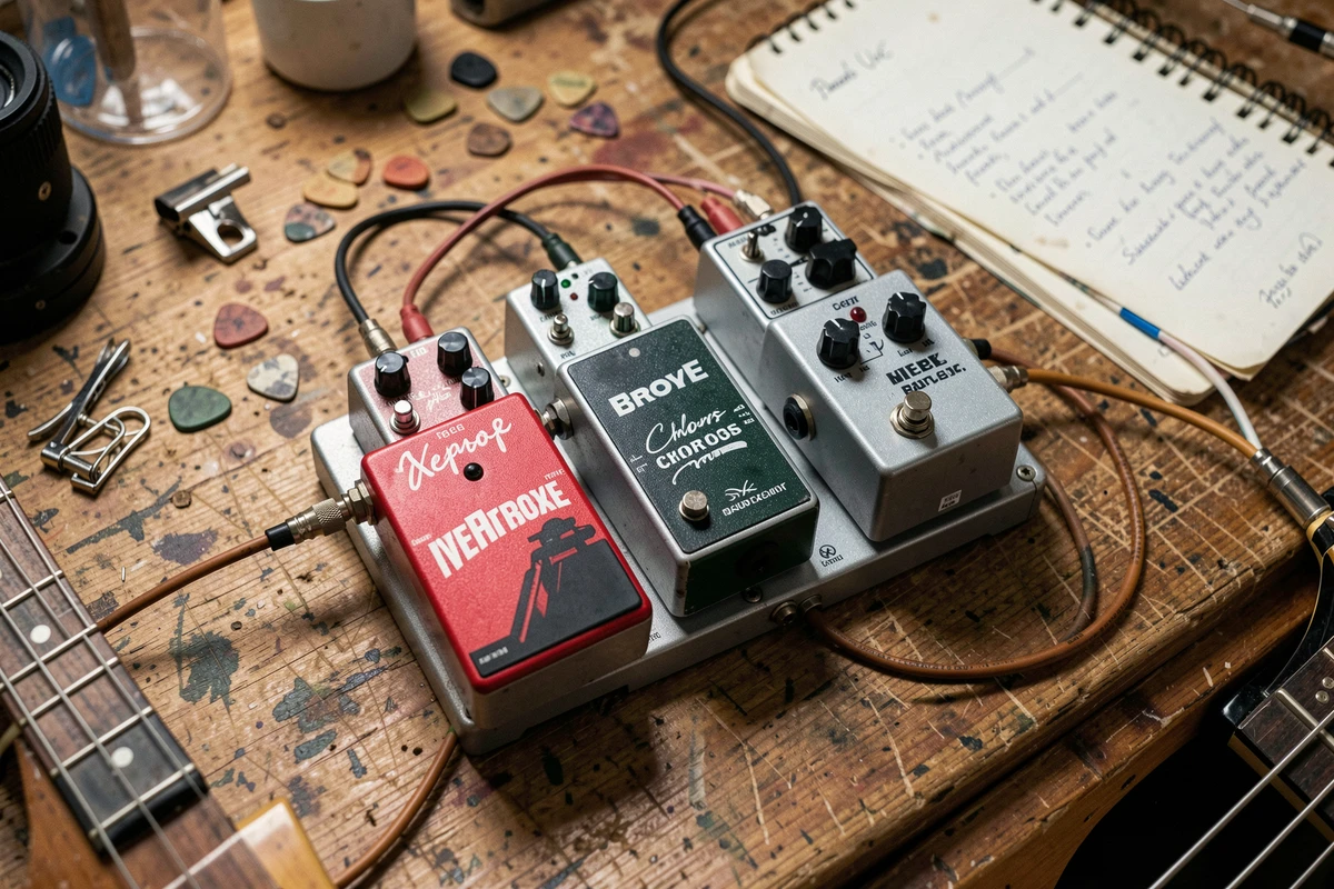 Pédalboard de basse avec pédales d'effets overdrive, chorus et delay sur un établi de studio