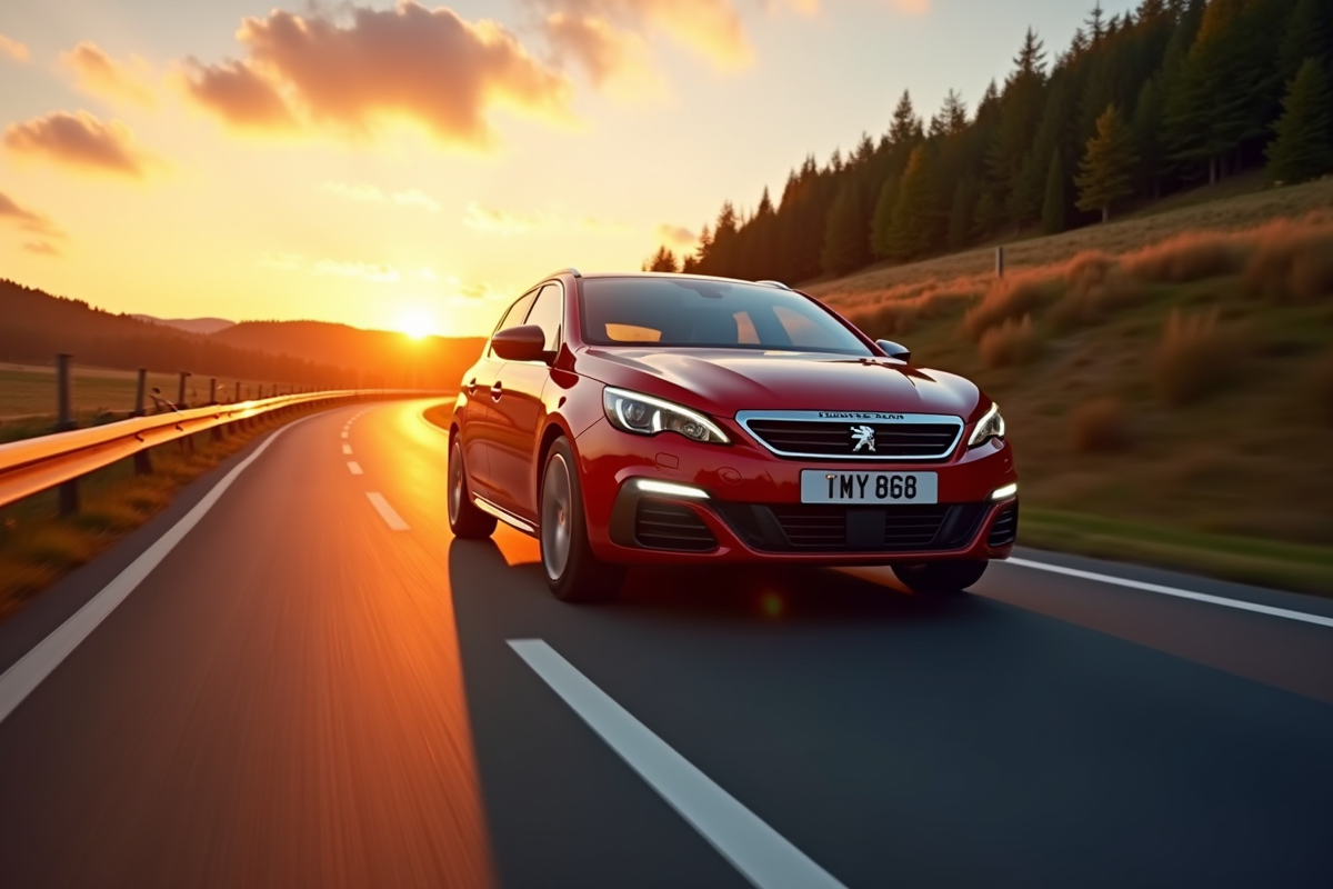 Peugeot 308 2015 roulant en campagne au coucher du soleil