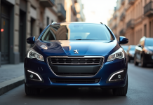 Peugeot 308 2015 stationnée en ville en plein jour