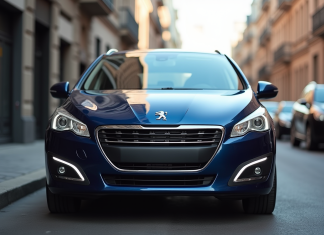 Peugeot 308 2015 stationnée en ville en plein jour