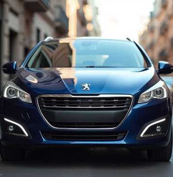 Peugeot 308 2015 stationnée en ville en plein jour