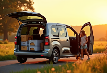Voiture Peugeot Partner Tepee au lever du soleil en campagne