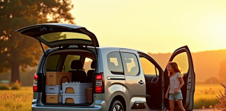Voiture Peugeot Partner Tepee au lever du soleil en campagne
