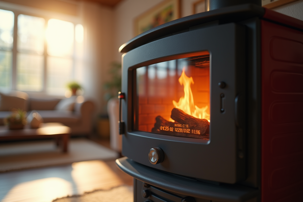 Poêle à pellets moderne avec écran digital dans un salon lumineux