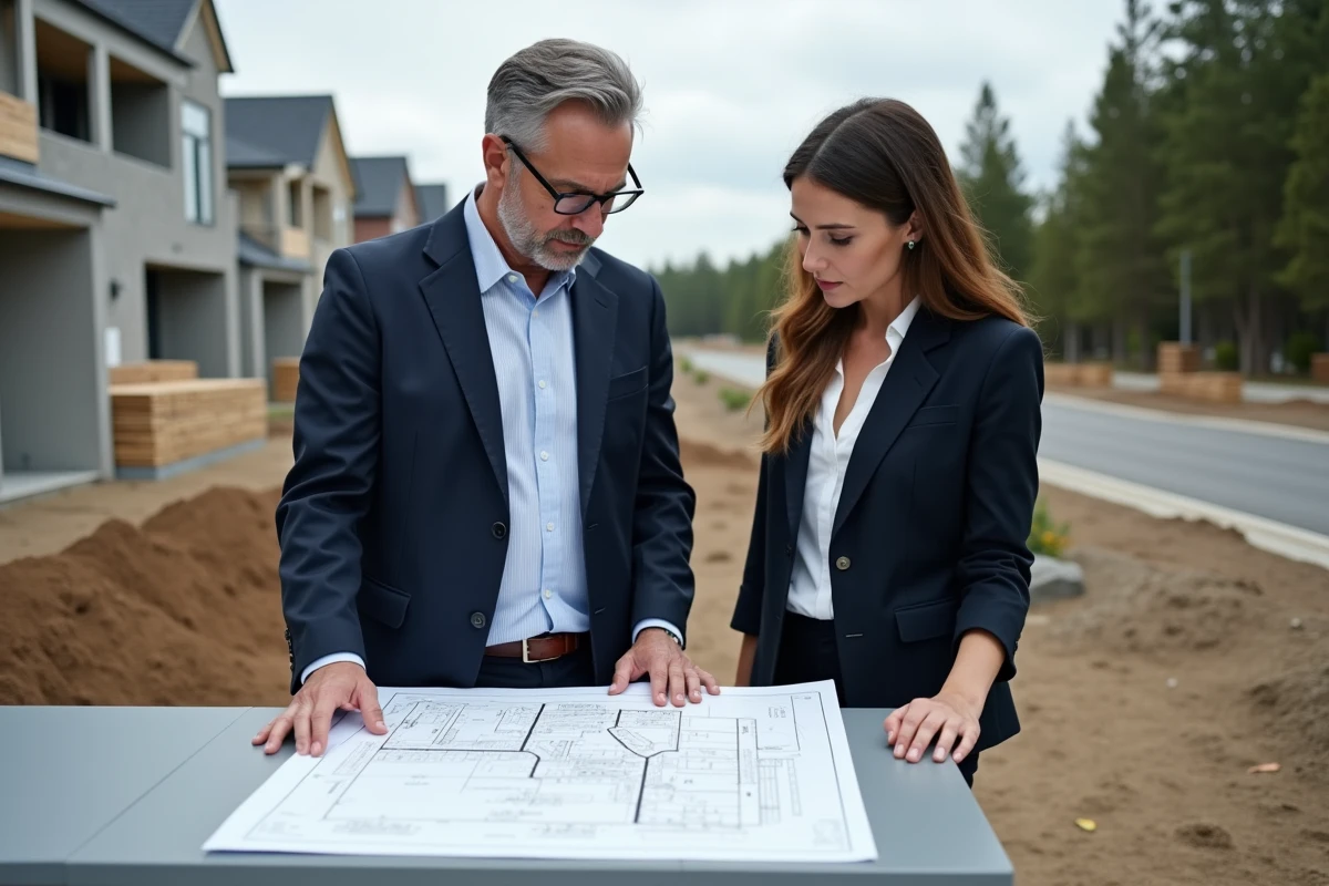 Deux professionnels de l'immobilier consultant un plan cadastral sur un chantier pour calculer des surfaces en hectares