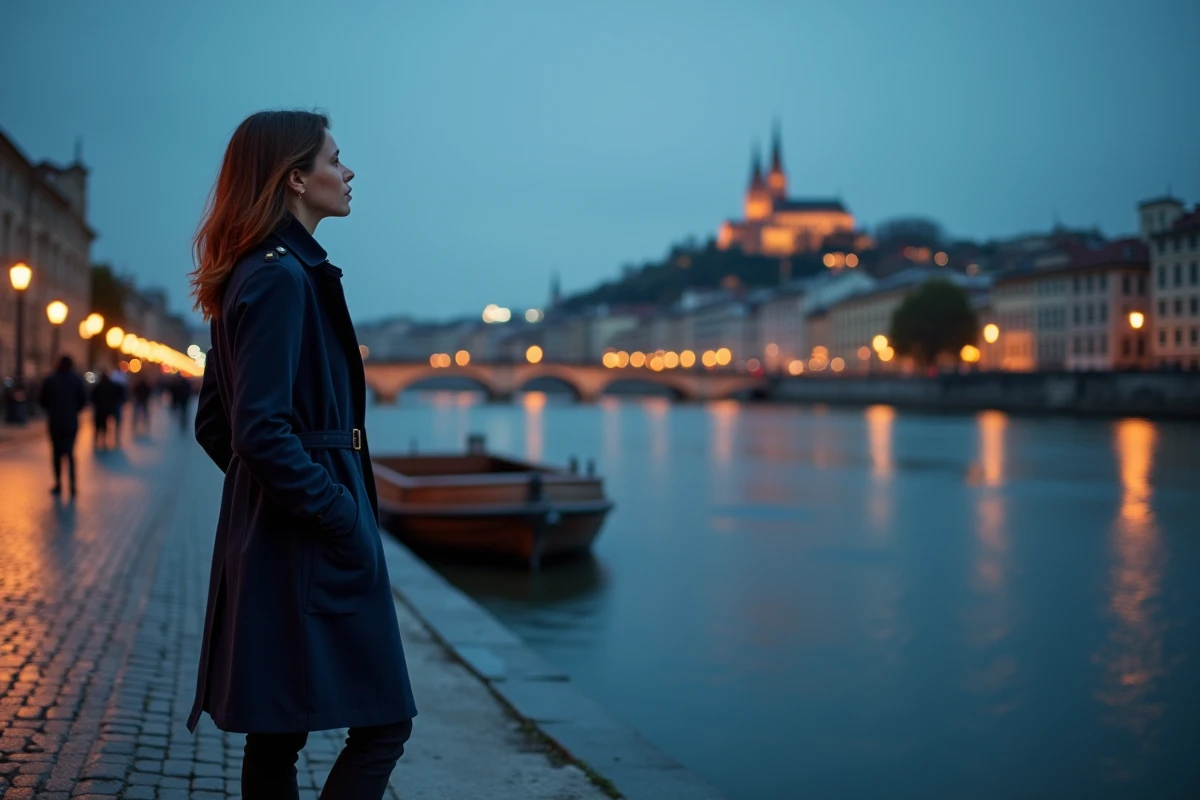 Femme contemplant le panorama nocturne de Lyon depuis les quais de la Saône avec vue sur Fourvière