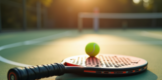 Raquette de padel sur court extérieur ensoleillé