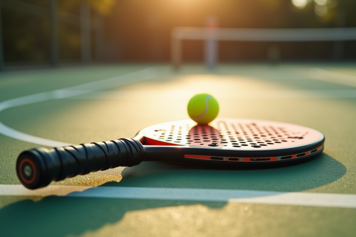 Raquette de padel sur court extérieur ensoleillé
