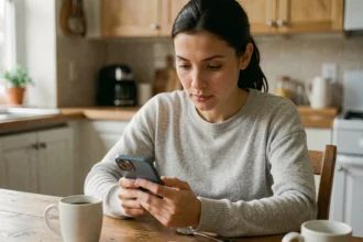 Femme utilisant son smartphone pour retrouver une personne grâce à une recherche inversée de photo