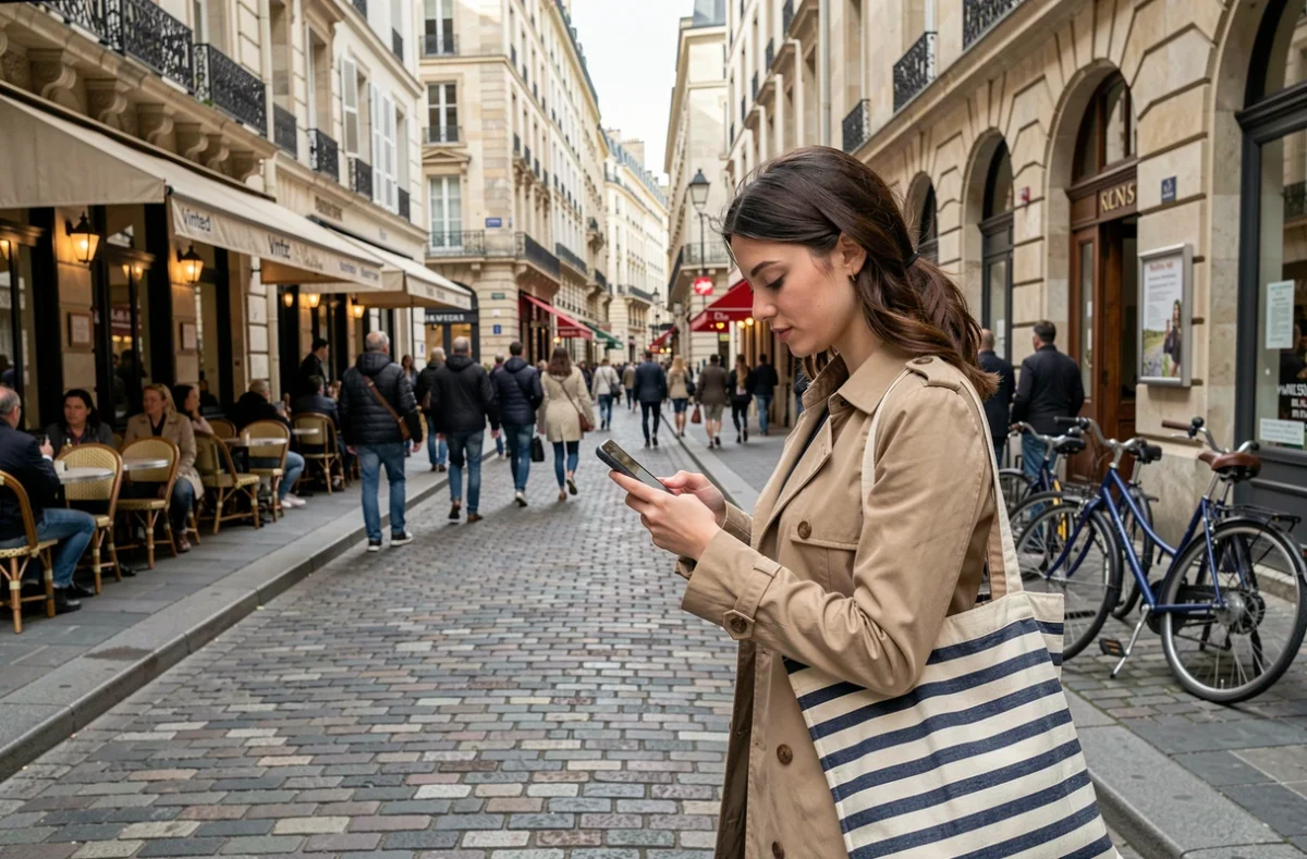 Jeune femme cherchant un point de dépôt Vinted sur son téléphone dans une rue commerçante française