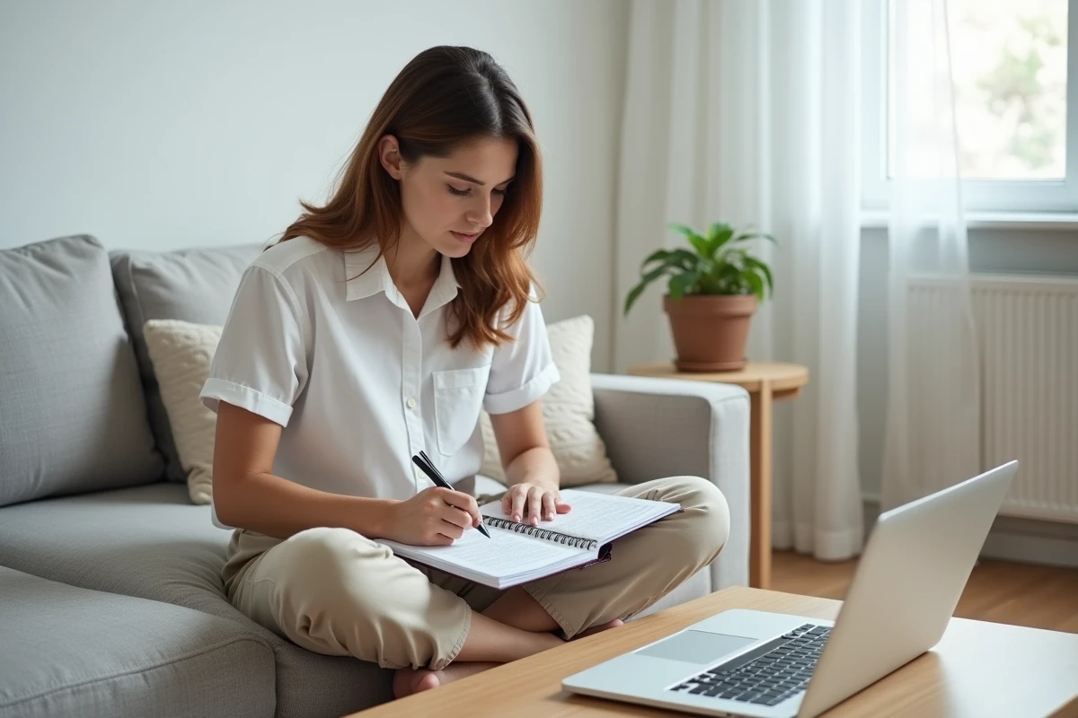 Jeune femme réécrivant un texte à la main dans un carnet tout en consultant son ordinateur portable sur la table basse