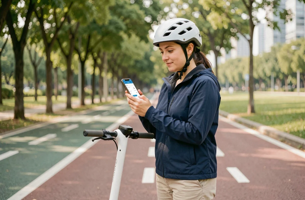 Femme avec casque consultant une application de paramétrage de trottinette électrique sur voie cyclable urbaine