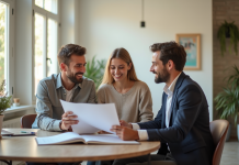Jeune couple discutant avec agent immobilier dans appartement lumineux