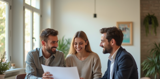Jeune couple discutant avec agent immobilier dans appartement lumineux