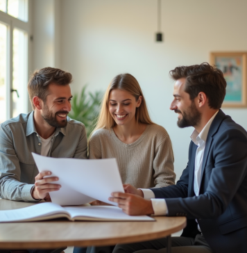 Logement PLS : définition, avantages et conditions d’accès en France Jeune couple discutant avec agent immobilier dans appartement lumineux