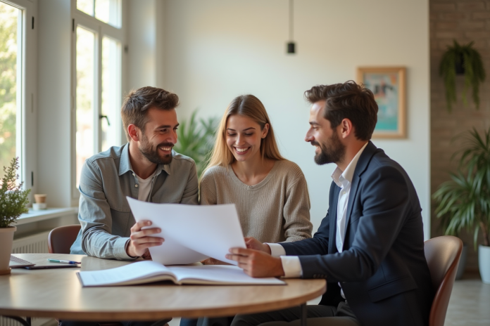 rencontre-agence-immobiliere-paris Jeune couple discutant avec agent immobilier dans appartement lumineux