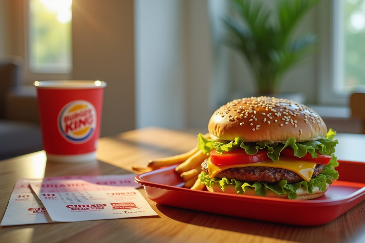 Repas Burger King avec chèques vacances sur une table en bois
