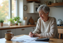 Femme retraitée concentrée sur ses documents financiers dans la cuisine
