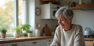 Femme retraitée concentrée sur ses documents financiers dans la cuisine