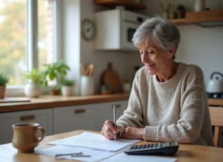 Montant retraite idéal : Comment estimer ses besoins financiers ? Femme retraitée concentrée sur ses documents financiers dans la cuisine
