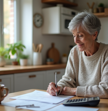 Montant retraite idéal : Comment estimer ses besoins financiers ? Femme retraitée concentrée sur ses documents financiers dans la cuisine