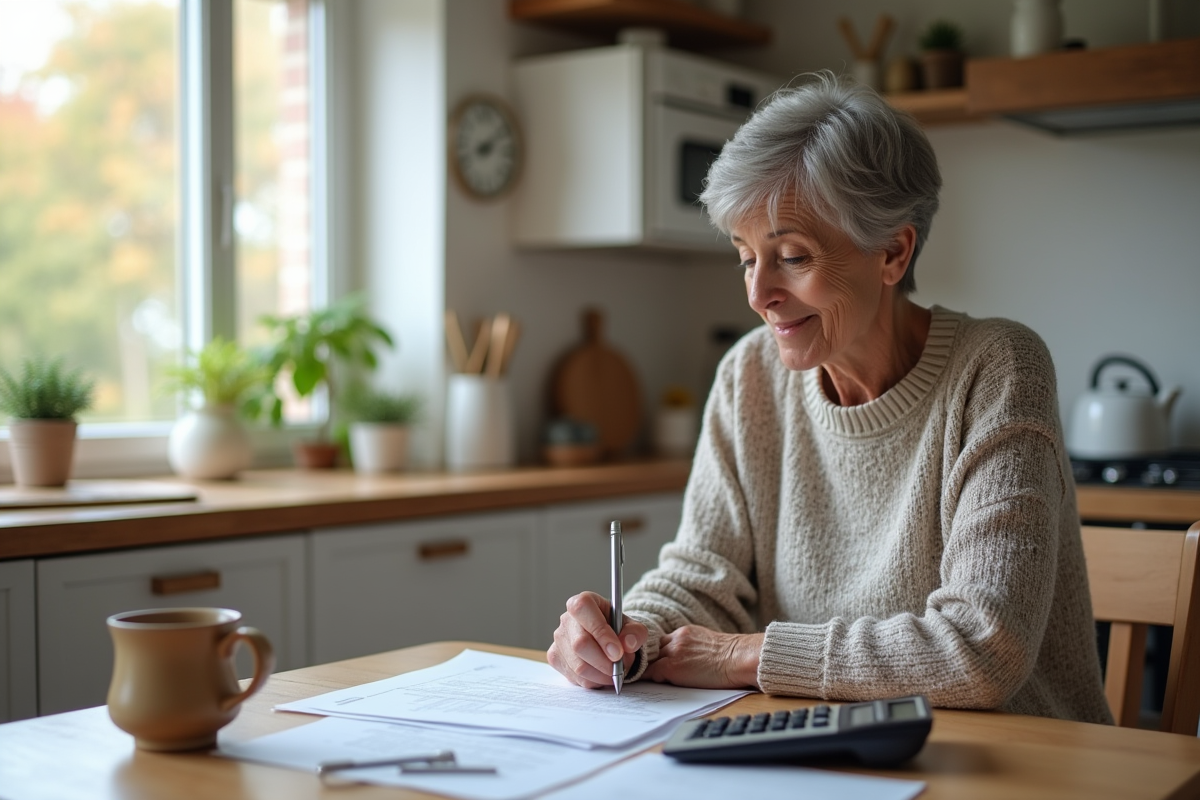 Femme retraitée concentrée sur ses documents financiers dans la cuisine