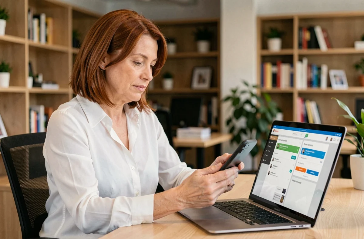 Femme comparant les résultats d'une recherche de personne par photo entre son smartphone et son ordinateur portable