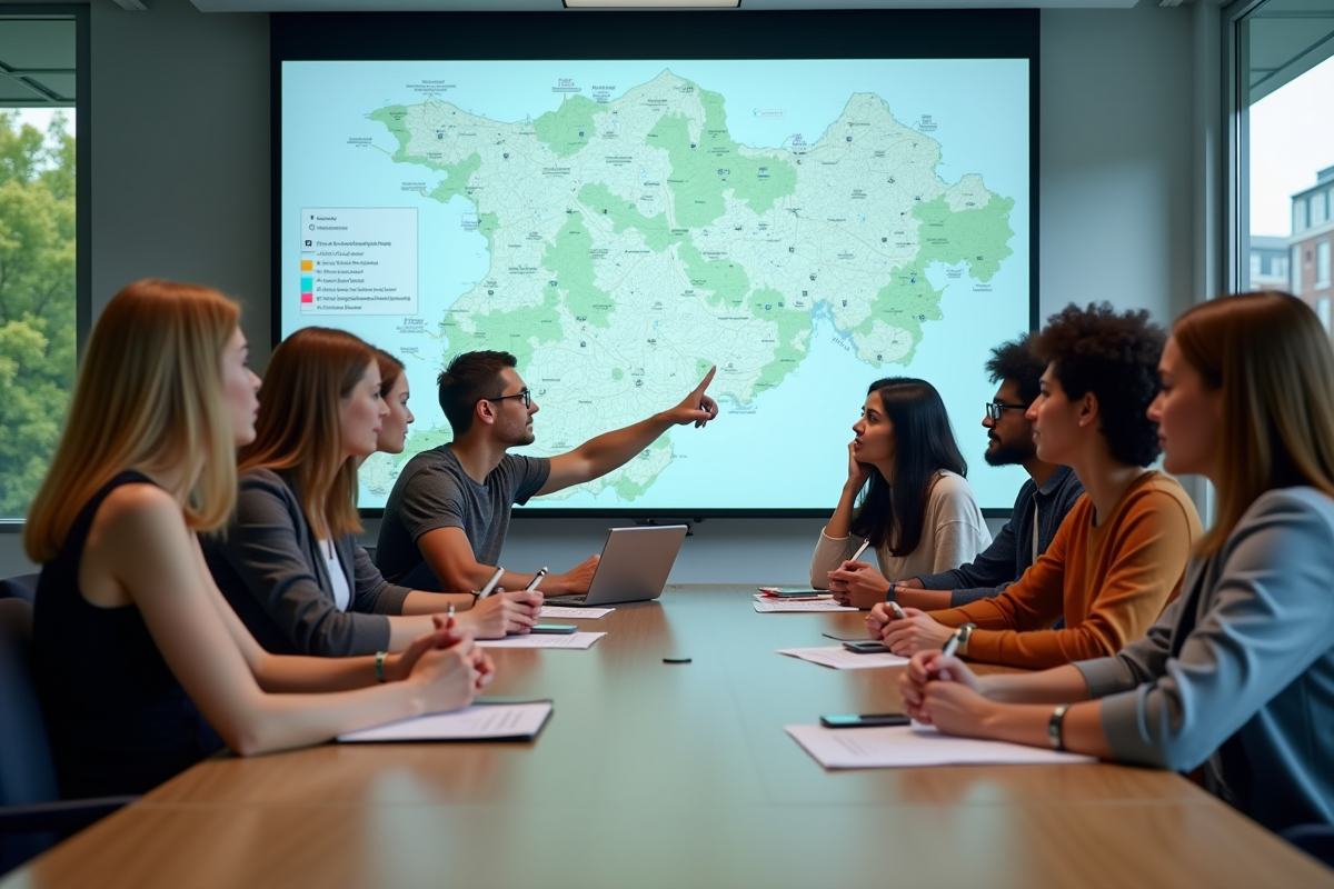 Groupe de jeunes en réunion avec carte numérique