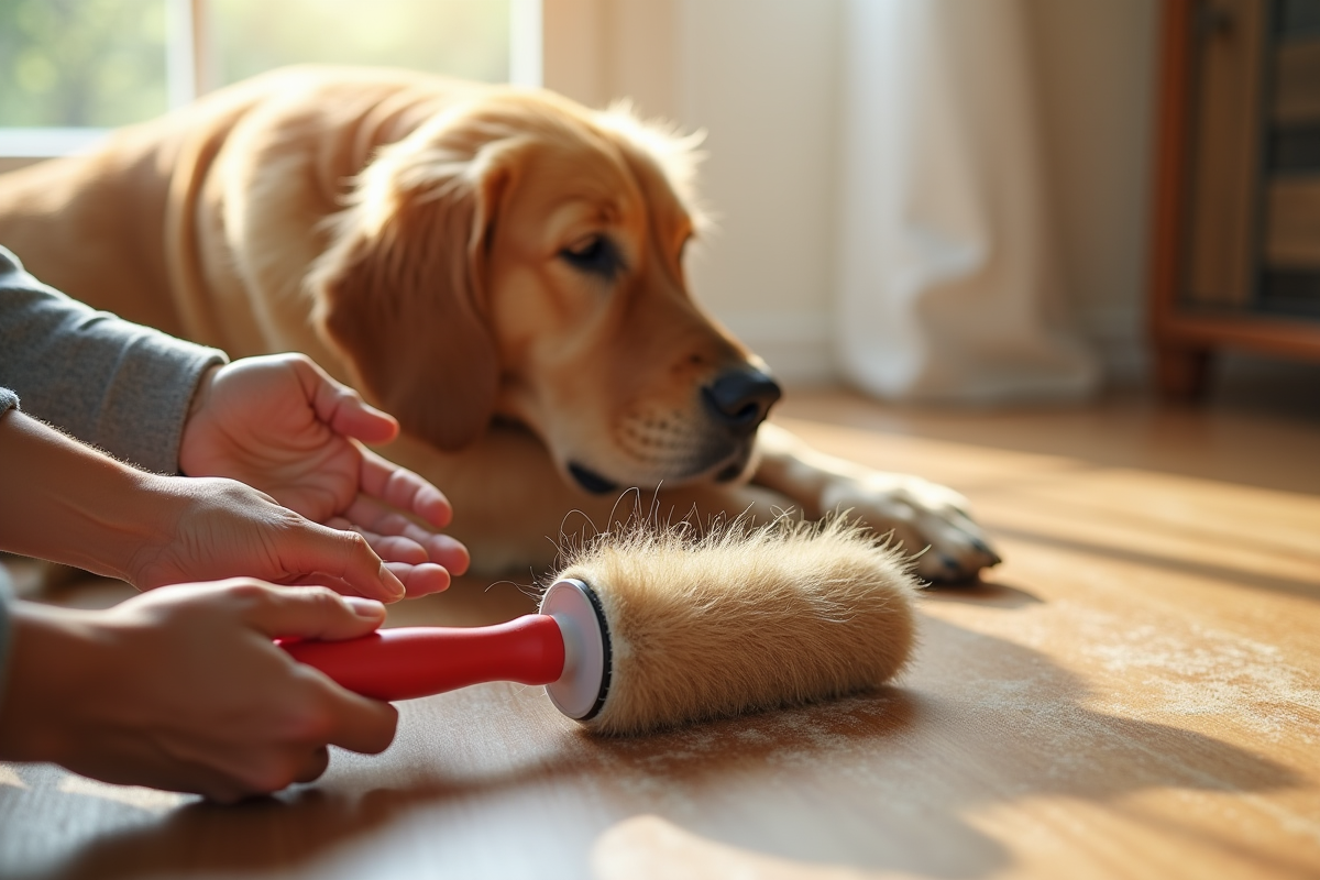 Rouleau adhésif pour enlever les poils de chien sur les mains