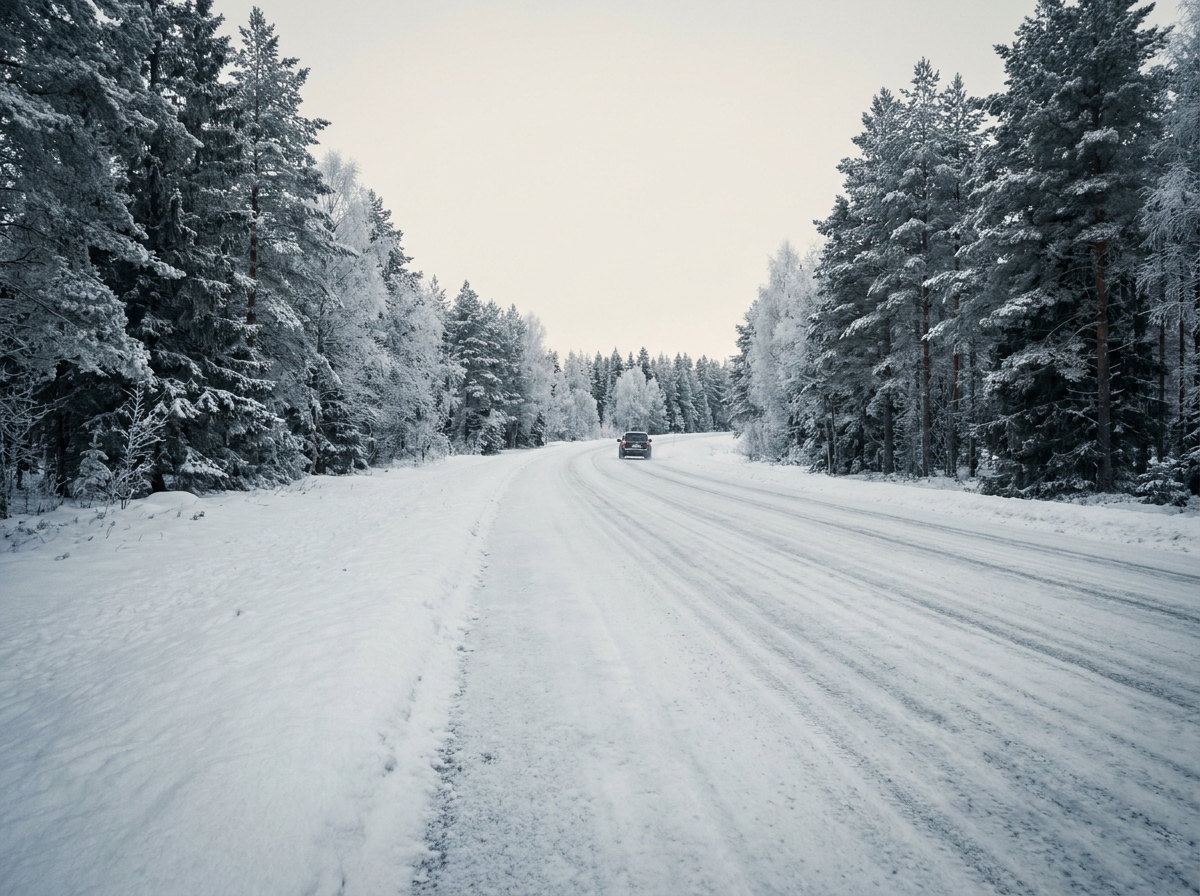Route enneigée et verglacée en milieu rural entourée de sapins givrés en plein hiver, conditions de conduite dangereuses
