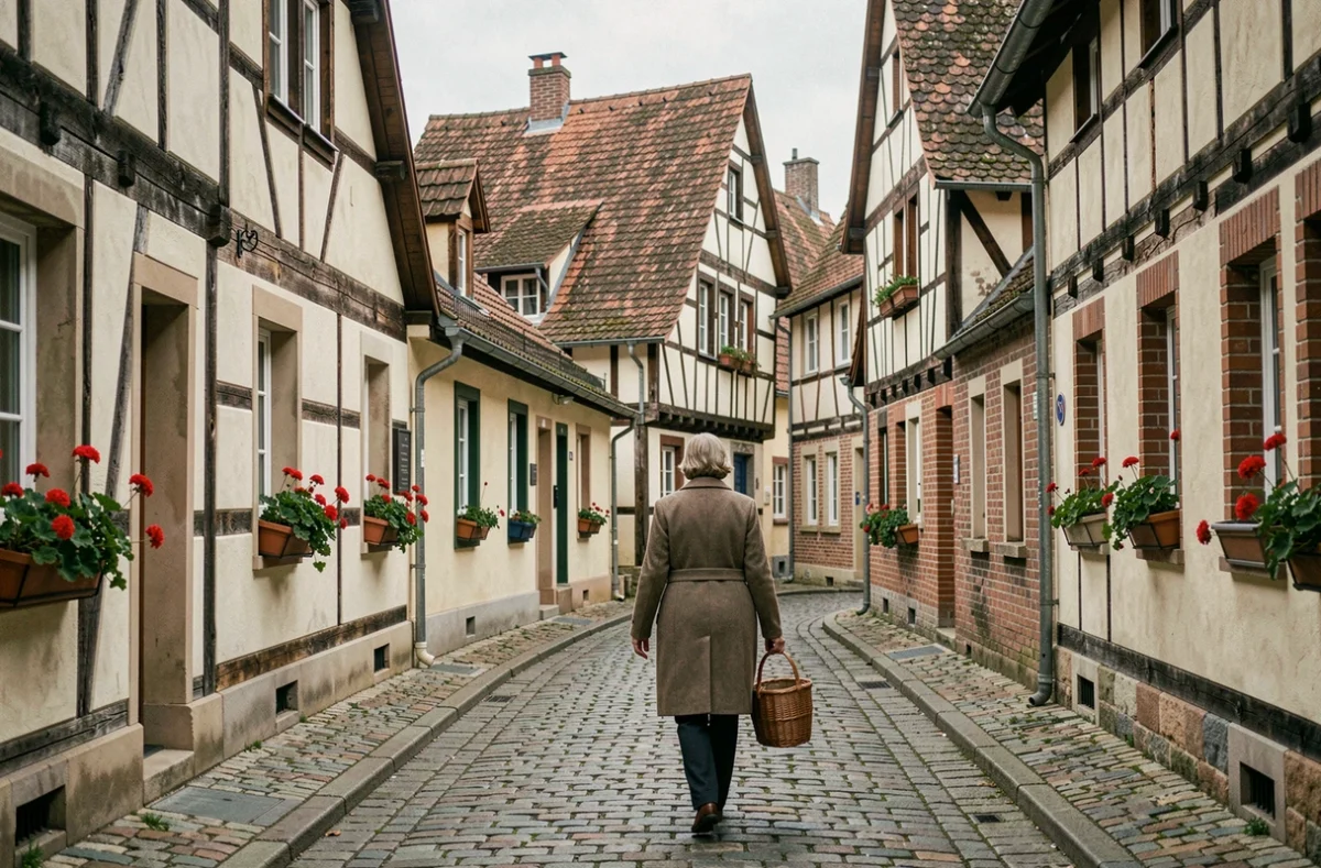Rue pavée typique de Saralbe en Moselle avec maisons à colombages lorraines et atmosphère villageoise authentique